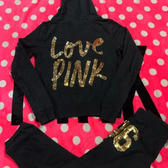 *Sold VS PINK gold script hoodie jogger set nwt - Picture 1 of 5